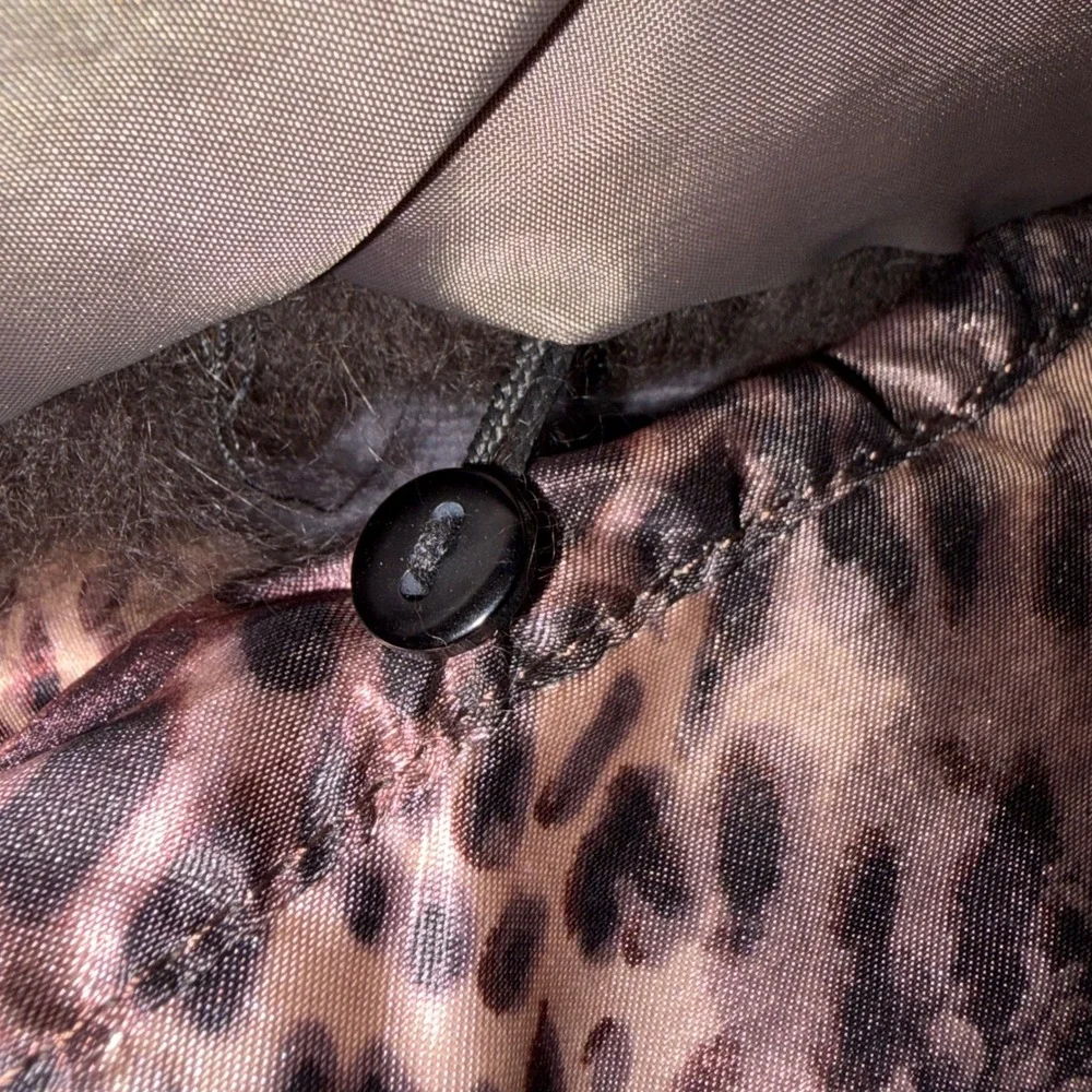 Tuleh Y2K Leopard Print Real Fur Trim Hooded Trench Coat M B35 W31 H38 DAMAGED